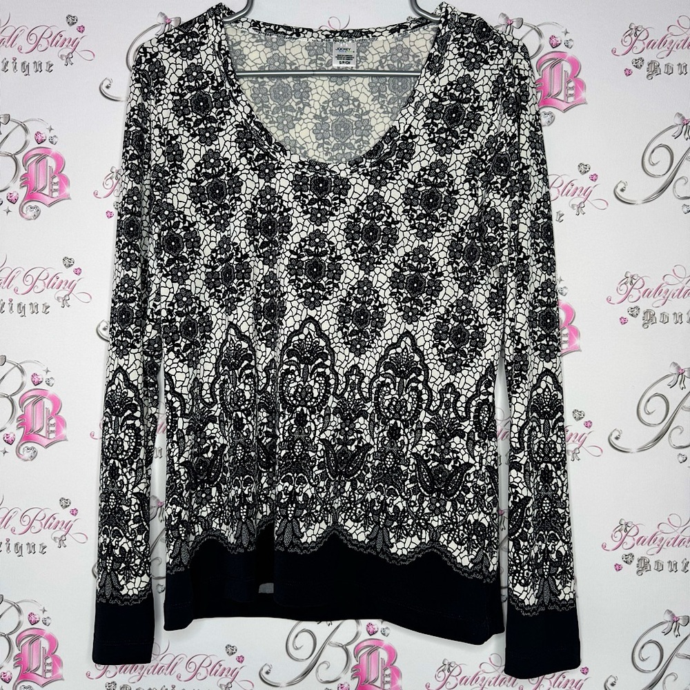 Jockey long sleeve lace print pattern black white soft stretchy buttery fabric